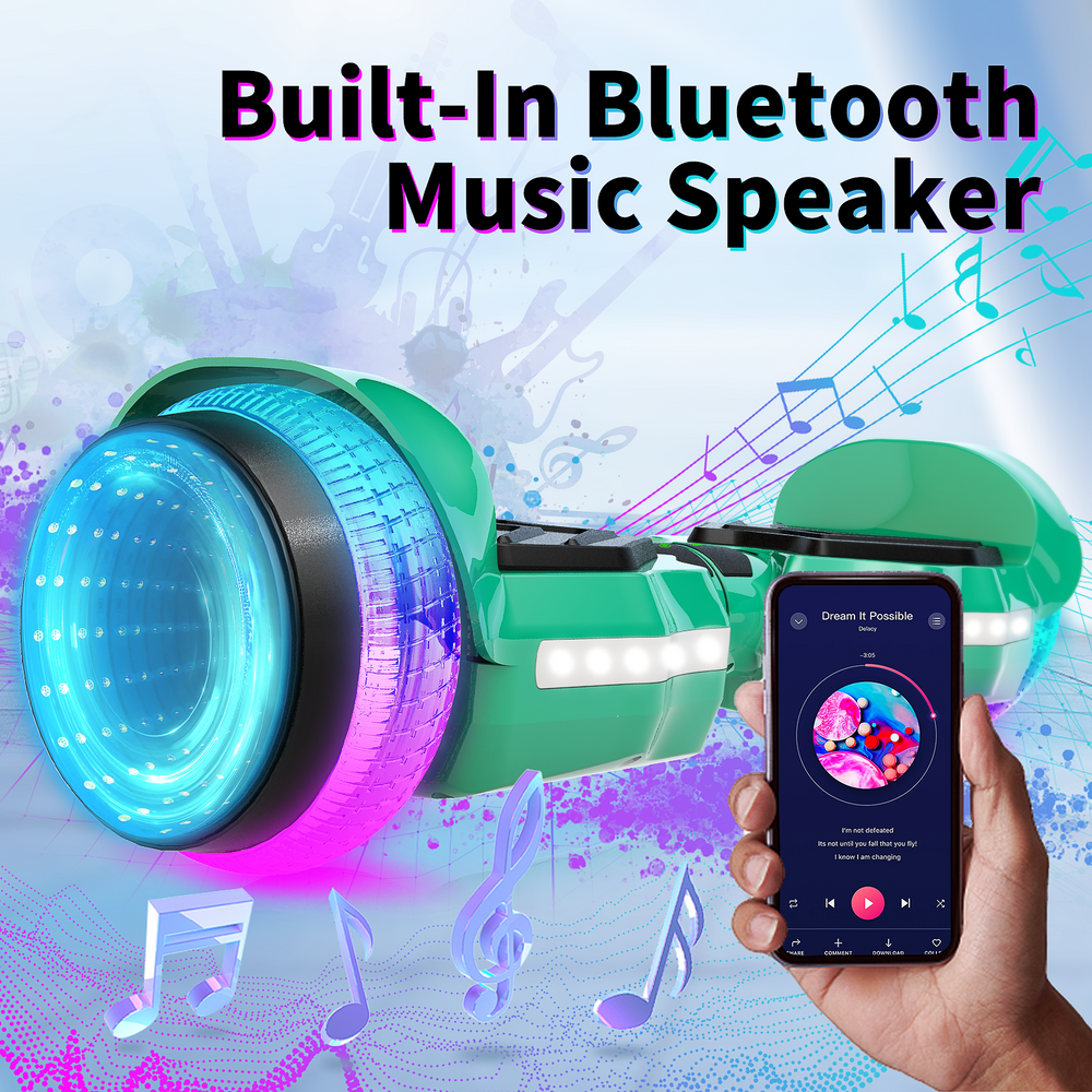 SIMATE Hurricane Tunnel LED Hoverboard 6.5'' 8.5Mph | 8 Miles Range |   Green with Bluetooth for kids