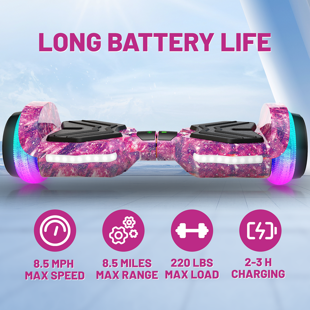 SIMATE Hurricane Tunnel LED Hoverboard 6.5'' 8.5Mph | 8 Miles Range |   Galaxy Purple with Bluetooth for kids