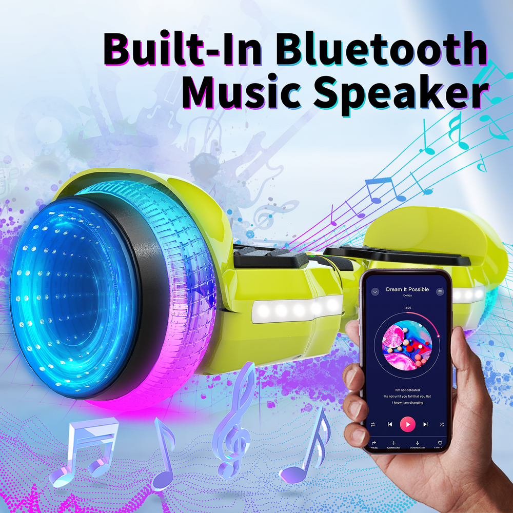 SIMATE Hurricane Tunnel LED Hoverboard 6.5'' 8.5Mph | 8 Miles Range |   Light Green with Bluetooth for kids