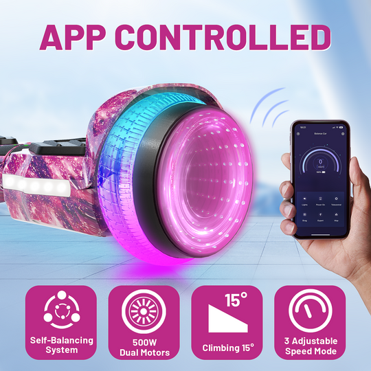 SIMATE Hurricane Tunnel LED Hoverboard 6.5'' 8.5Mph | 8 Miles Range |   Galaxy Purple with Bluetooth for kids
