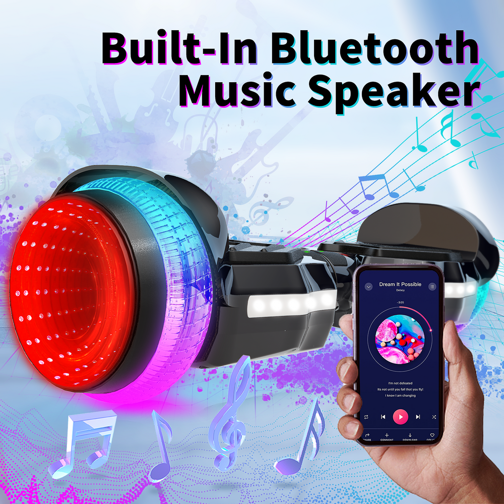 SIMATE Hurricane Tunnel LED Hoverboard 6.5'' 8.5Mph | 8 Miles Range |   Black with Bluetooth for kids