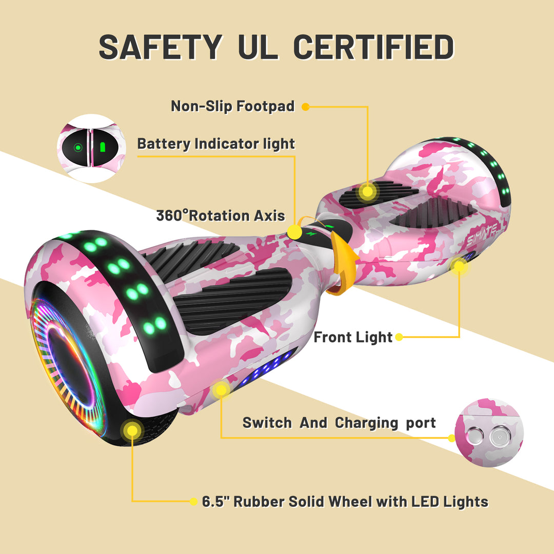 Apato Bluetooth Hoverboard 6.5'' 7.3 Mph | 7.5 Miles Range | Pink Camo for kids