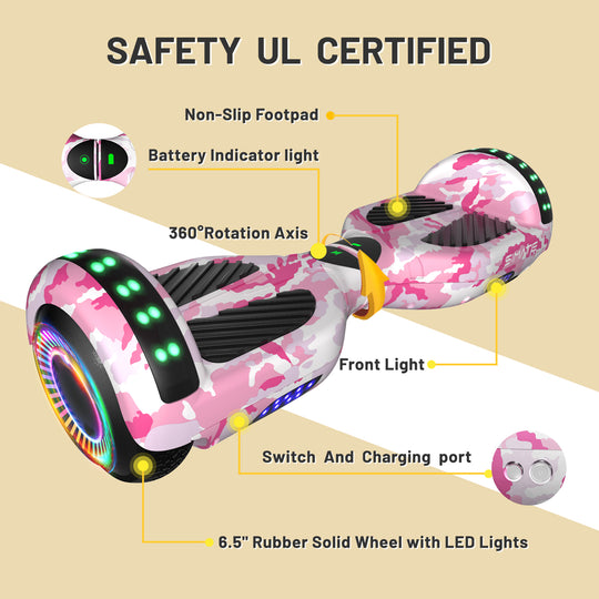 Apato Bluetooth Hoverboard 6.5'' 7.3 Mph | 7.5 Miles Range | Pink Camo for kids