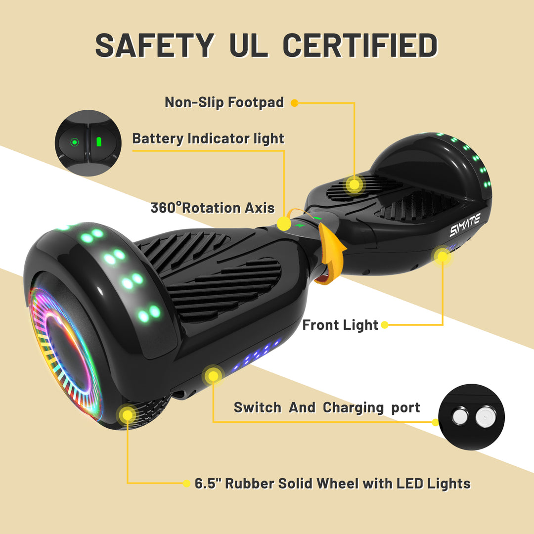 Apato Bluetooth Hoverboard 6.5'' 7.3 Mph | 7.5 Miles Range |   Black for kids