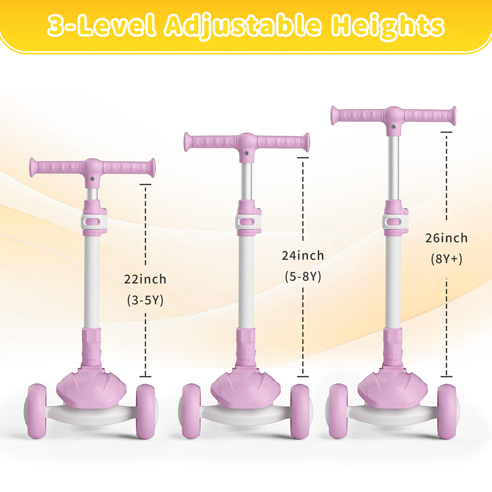 SIMATE 3 Wheel Kick Scooter for Kids Ages 3-12, Light Up Wheels & 3 Adjustable Height Handlebars, Lean-to-Steer & Widen Anti-Slip Deck, Boys & Girls Gift