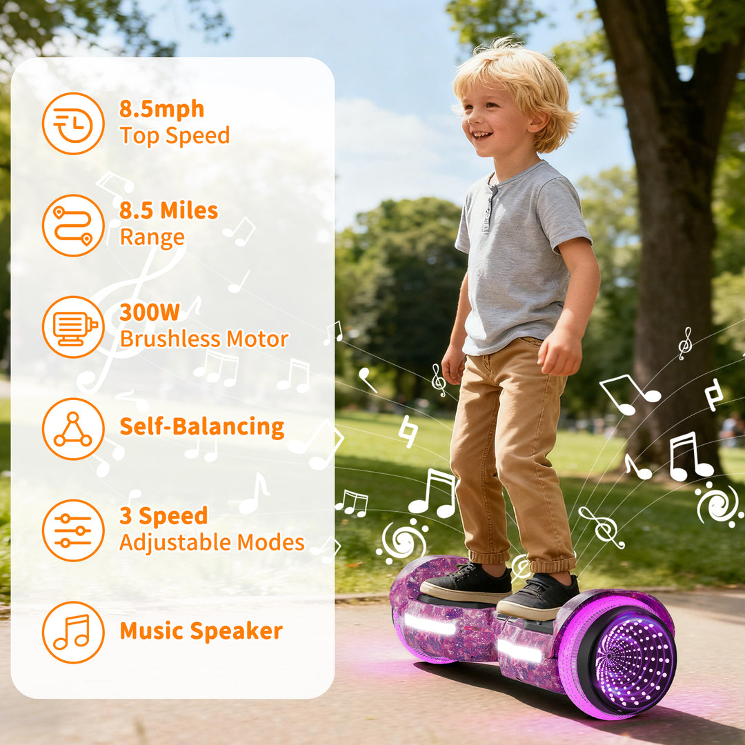 SIMATE Hurricane Tunnel LED Hoverboard 6.5'' 8.5Mph | 8 Miles Range |   Galaxy Purple with Bluetooth for kids