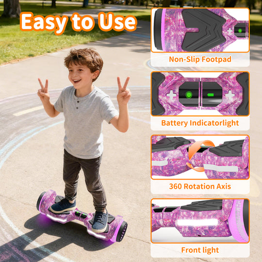 SIMATE Hurricane Tunnel LED Hoverboard 6.5'' 8.5Mph | 8 Miles Range |   Galaxy Purple with Bluetooth for kids