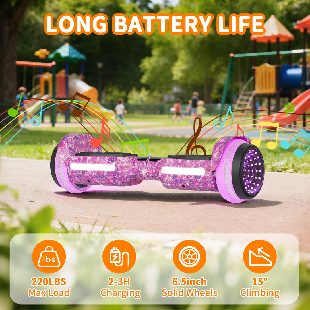 SIMATE Hurricane Tunnel LED Hoverboard 6.5'' 8.5Mph | 8 Miles Range |   Galaxy Purple with Bluetooth for kids