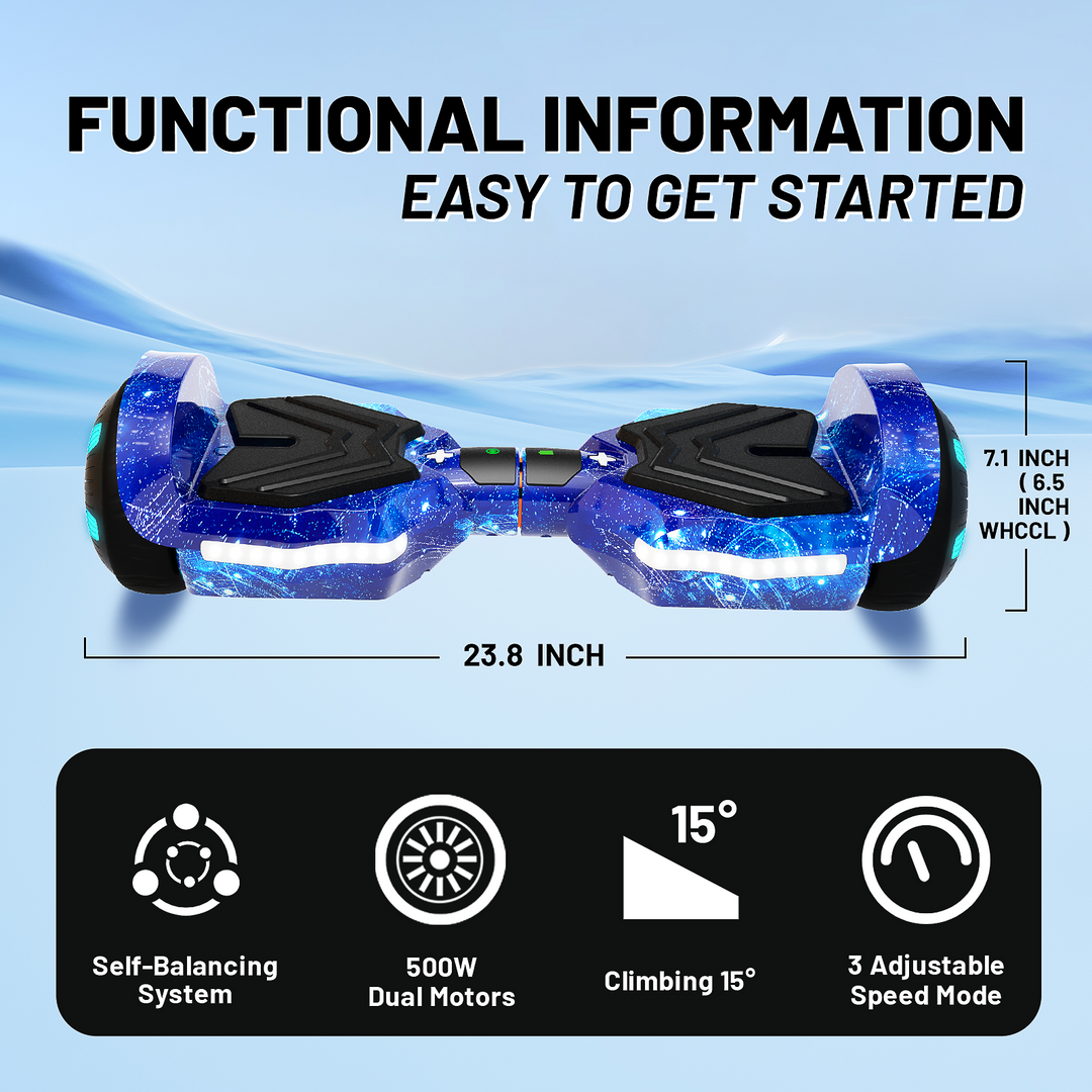 SIMATE Version LED Hoverboard 6.5'' 8.5Mph | 8 Miles Range |  Galaxy Blue with Bluetooth
