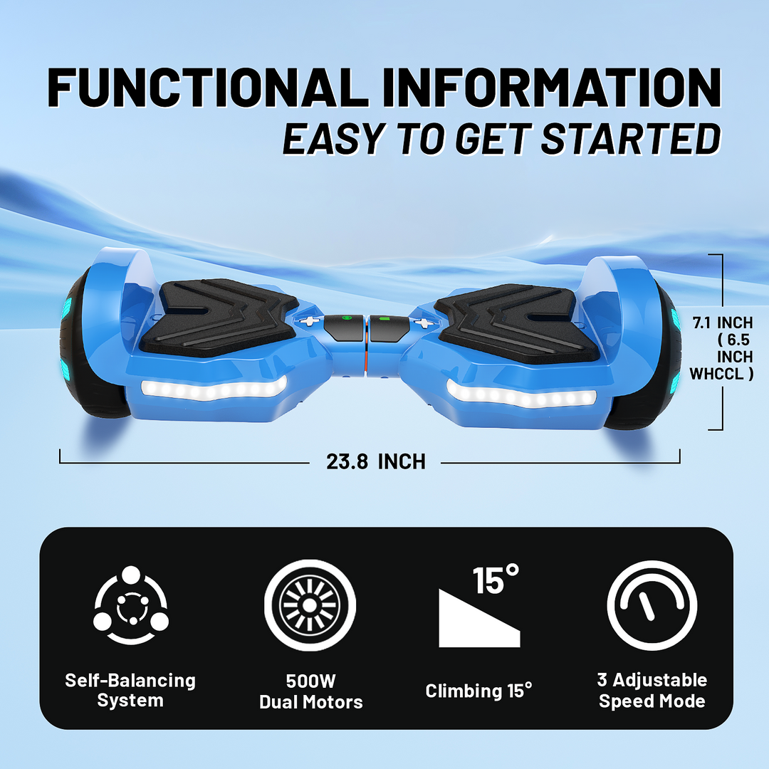 SIMATE Version LED Hoverboard 6.5'' 8.5Mph | 8 Miles Range | Sky Blue with Bluetooth