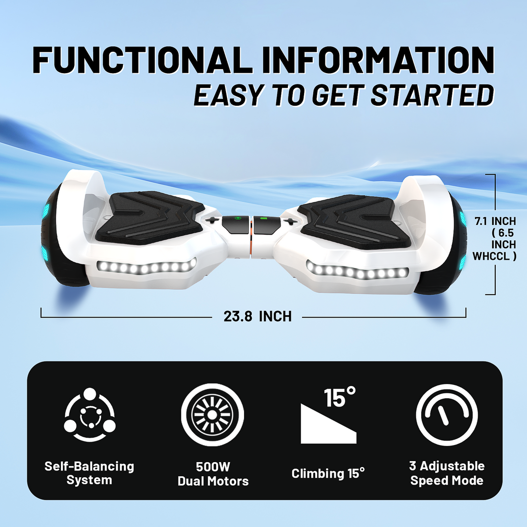 SIMATE Version LED Hoverboard 6.5'' 8.5Mph | 8 Miles Range | White