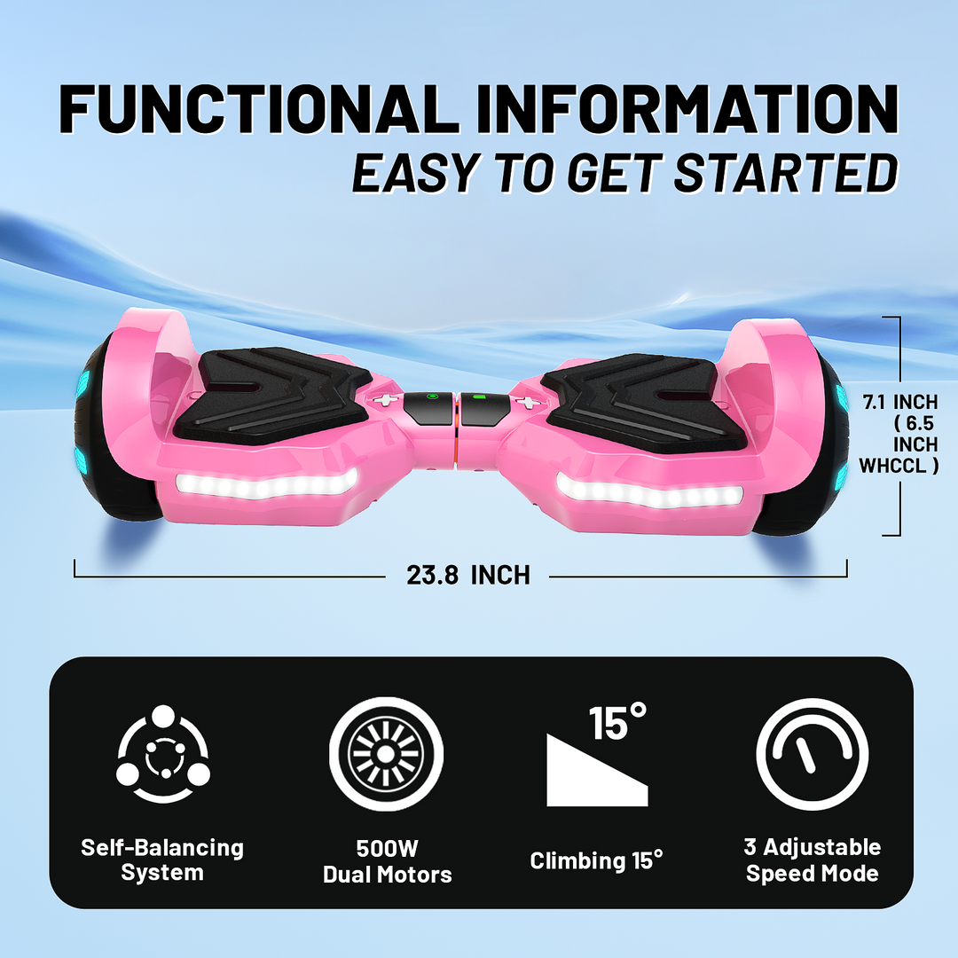 SIMATE Version LED Hoverboard 6.5'' 8.5Mph | 8 Miles Range | Pink with Bluetooth