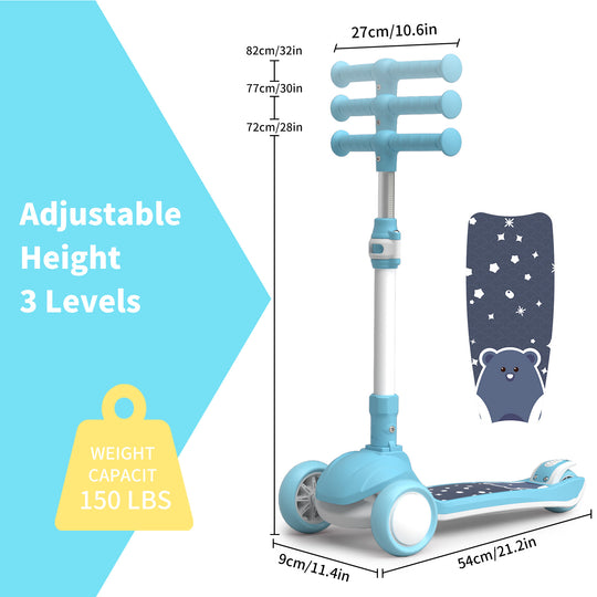 SIMATE Kick Scooter for Kids Ages 2-8, 3 Wheels Scooter for Toddler with LED Light,3 Adjustable Handlebars, Suitable for Boys and Girls ,Blue
