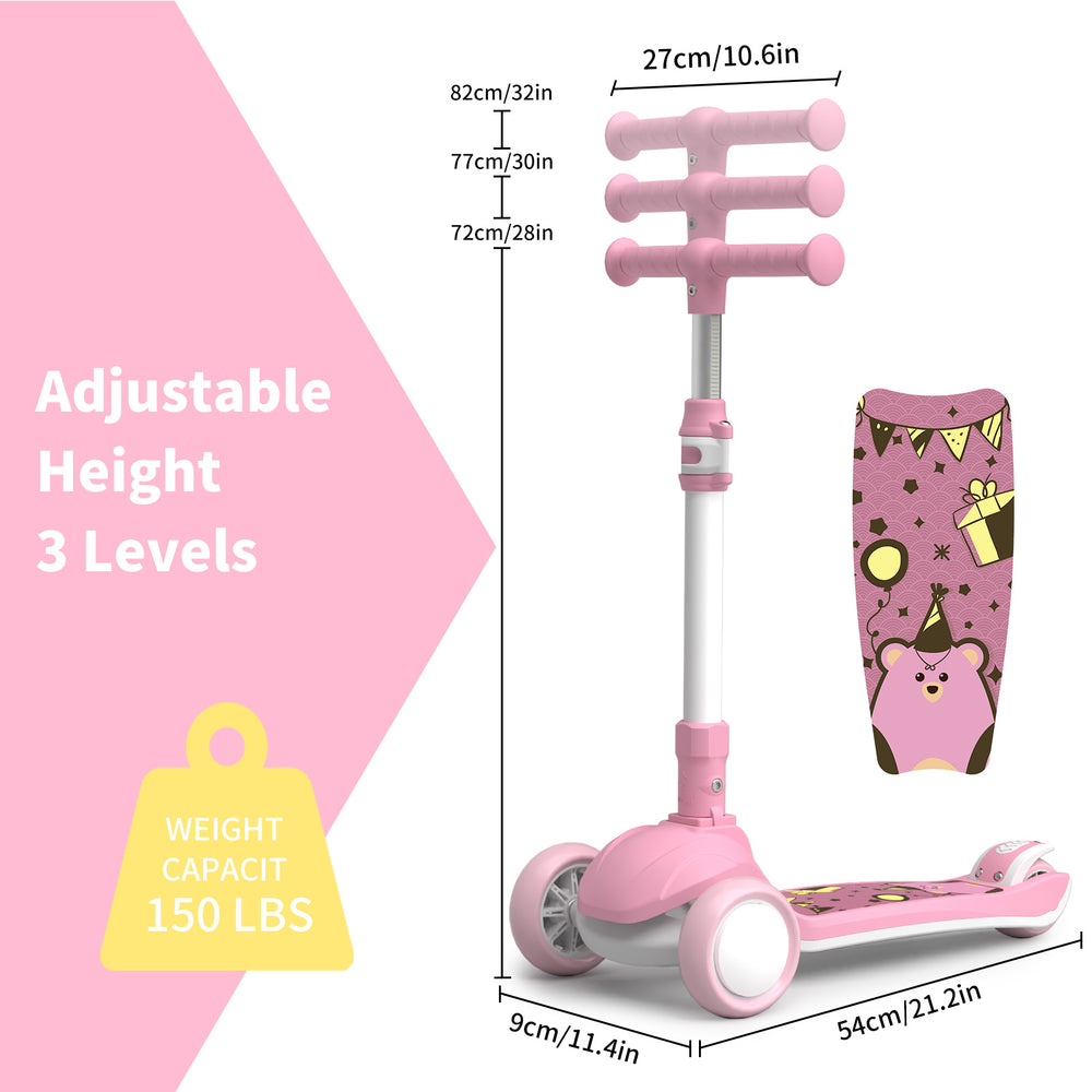 SIMATE Kick Scooter for Kids Ages 2-8, 3 Wheels Scooter for Toddler with LED Light,3 Adjustable Handlebars, Suitable for Boys and Girls ,Pink