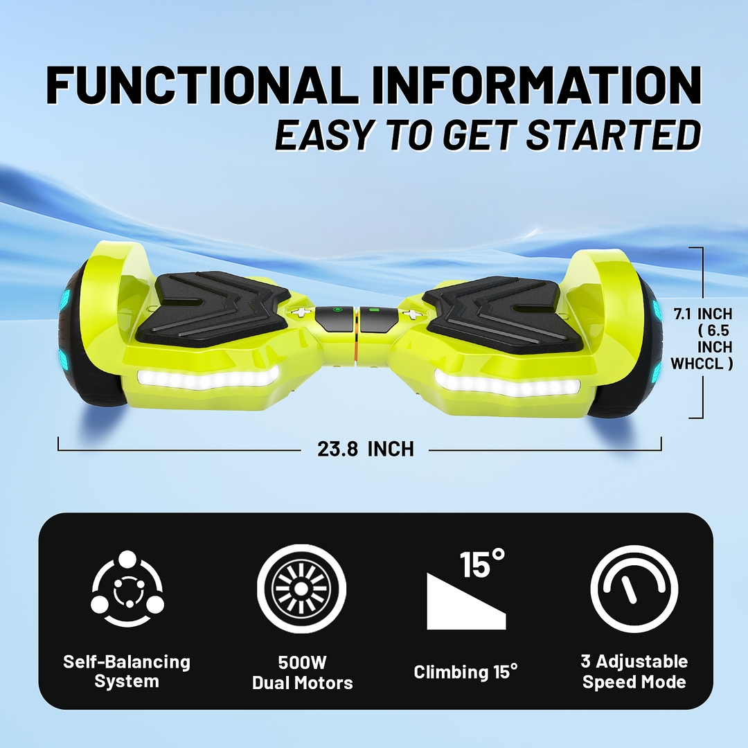 SIMATE Version LED Hoverboard 6.5'' 8.5Mph | 8 Miles Range | Light Green with Bluetooth