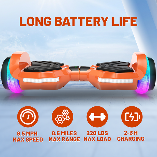 SIMATE Hurricane Tunnel LED Hoverboard 6.5'' 8.5Mph | 8 Miles Range |   Orange with Bluetooth for kids