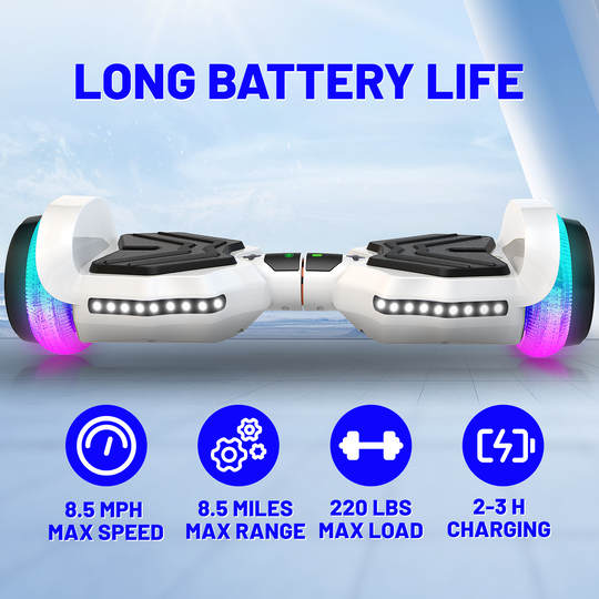 SIMATE Hurricane Tunnel LED Hoverboard 6.5'' 8.5Mph | 8 Miles Range |   white with Bluetooth for kids