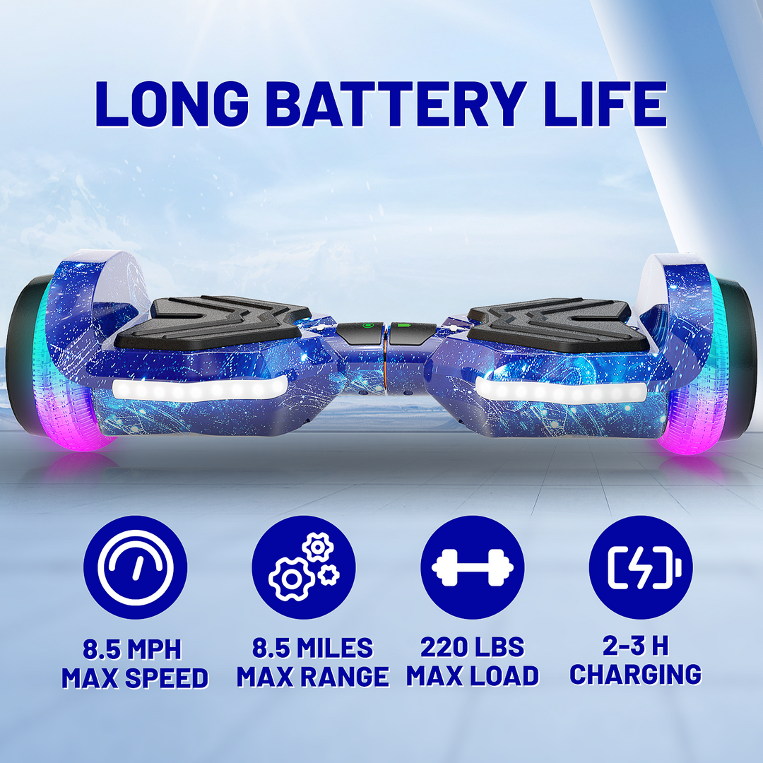 SIMATE Hurricane Tunnel LED Hoverboard 6.5'' 8.5Mph | 8 Miles Range |   Galaxy Blue with Bluetooth for kids