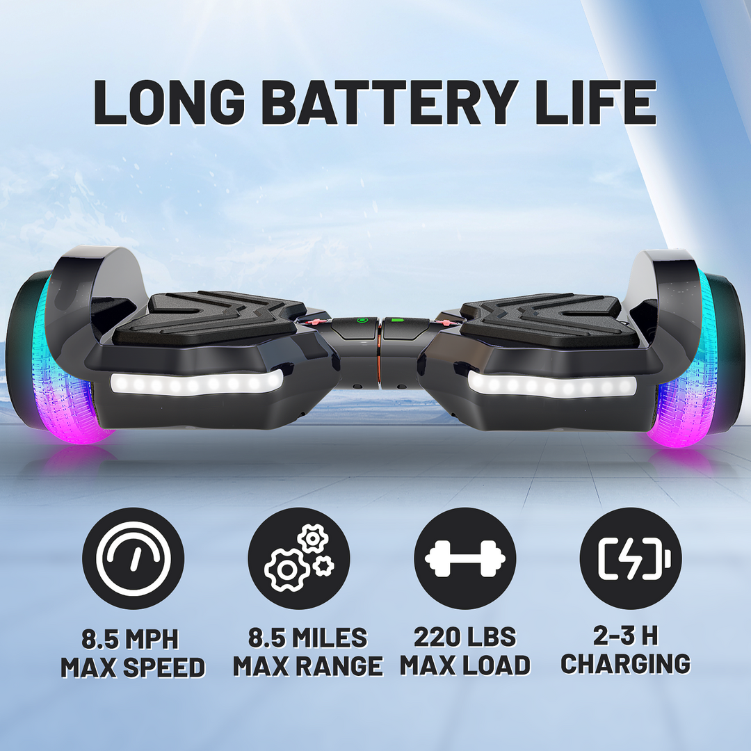 SIMATE Hurricane Tunnel LED Hoverboard 6.5'' 8.5Mph | 8 Miles Range |   Black with Bluetooth for kids