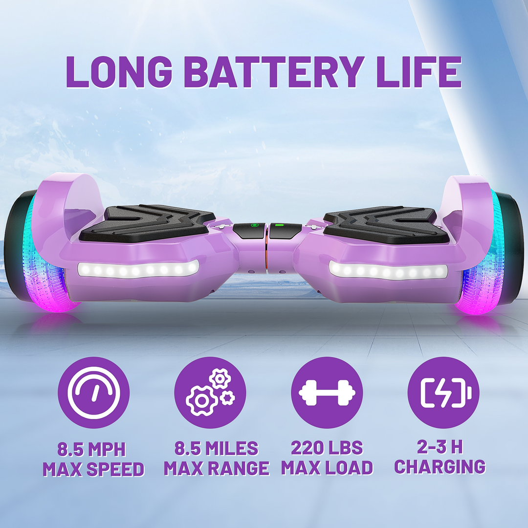 SIMATE Hurricane Tunnel LED Hoverboard 6.5'' 8.5Mph | 8 Miles Range |   purple with Bluetooth for kids