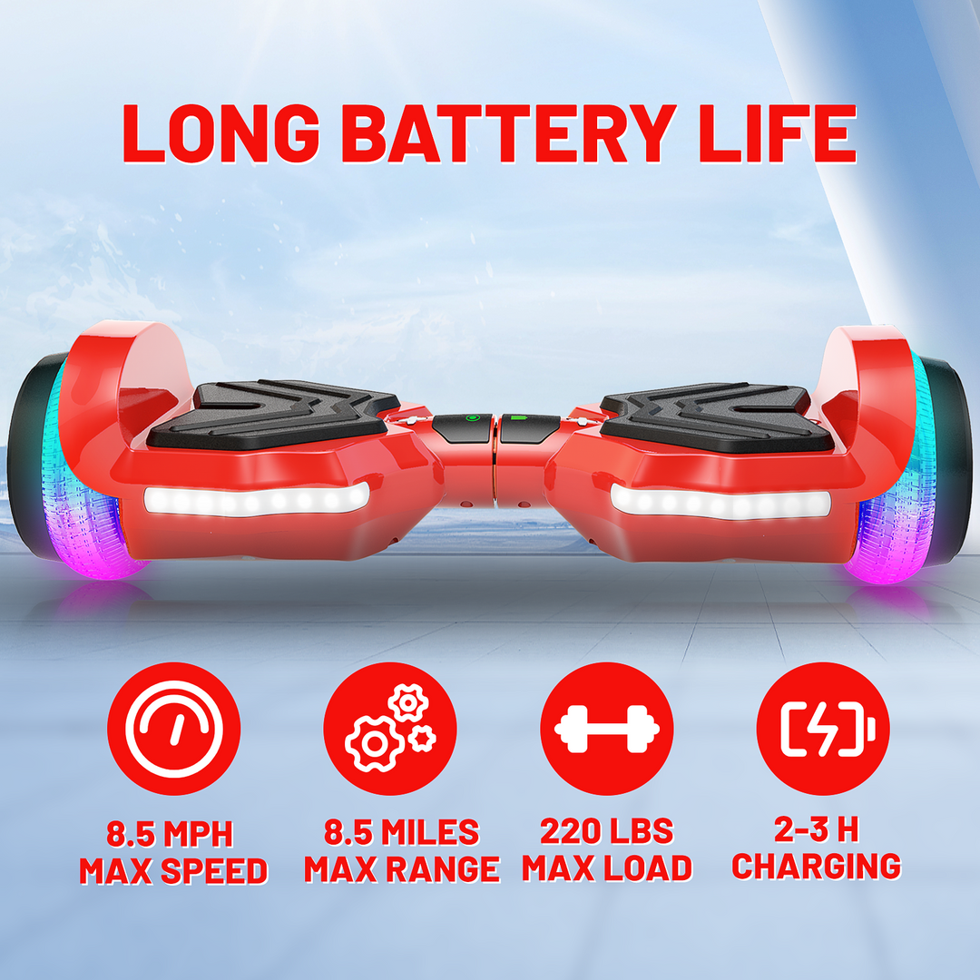 SIMATE Hurricane Tunnel LED Hoverboard 6.5'' 8.5Mph | 8 Miles Range |   Red with Bluetooth for kids