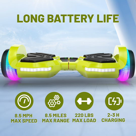SIMATE Hurricane Tunnel LED Hoverboard 6.5'' 8.5Mph | 8 Miles Range |   Light Green with Bluetooth for kids