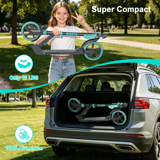 SIMATE Kick Scooter for Kids Ages 6+ Teens & Adults,3 Adjustable Levels,Foldable and Lightweight ,Suspension, 8in Big Wheels Max Load 240 LBS