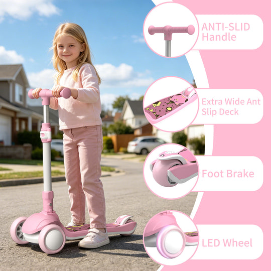 SIMATE Kick Scooter for Kids Ages 2-8, 3 Wheels Scooter for Toddler with LED Light,3 Adjustable Handlebars, Suitable for Boys and Girls ,Pink