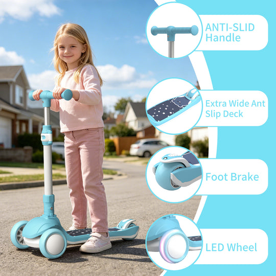 SIMATE Kick Scooter for Kids Ages 2-8, 3 Wheels Scooter for Toddler with LED Light,3 Adjustable Handlebars, Suitable for Boys and Girls ,Blue