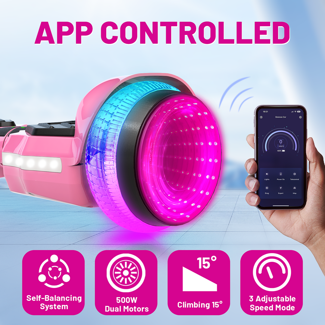 SIMATE Hurricane Tunnel LED Hoverboard 6.5'' 8.5Mph | 8 Miles Range |   pink with Bluetooth for kids