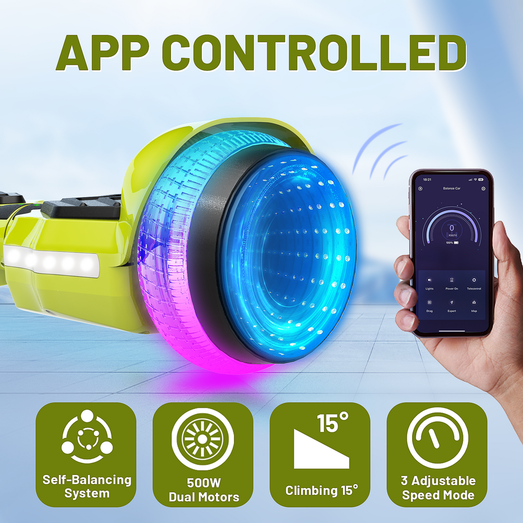 SIMATE Hurricane Tunnel LED Hoverboard 6.5'' 8.5Mph | 8 Miles Range |   Light Green with Bluetooth for kids
