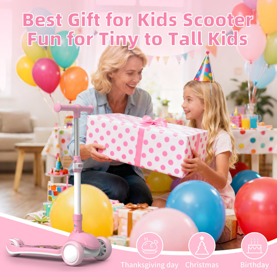 SIMATE Kick Scooter for Kids Ages 2-8, 3 Wheels Scooter for Toddler with LED Light,3 Adjustable Handlebars, Suitable for Boys and Girls ,Pink