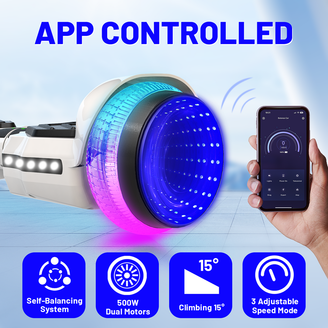 SIMATE Hurricane Tunnel LED Hoverboard 6.5'' 8.5Mph | 8 Miles Range |   white with Bluetooth for kids