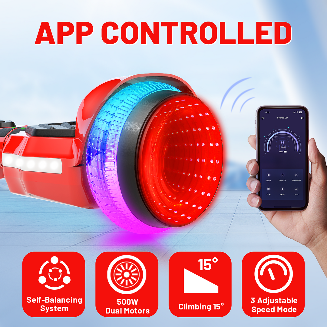 SIMATE Hurricane Tunnel LED Hoverboard 6.5'' 8.5Mph | 8 Miles Range |   Red with Bluetooth for kids