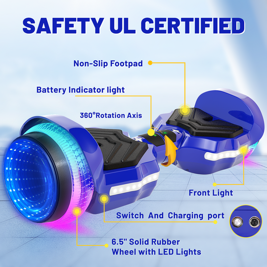SIMATE Hurricane Tunnel LED Hoverboard 6.5'' 8.5Mph | 8 Miles Range |  Dark Blue with Bluetooth for kids
