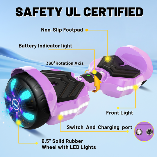 SIMATE Version LED Hoverboard 6.5'' 8.5Mph | 8 Miles Range | Purple with Bluetooth