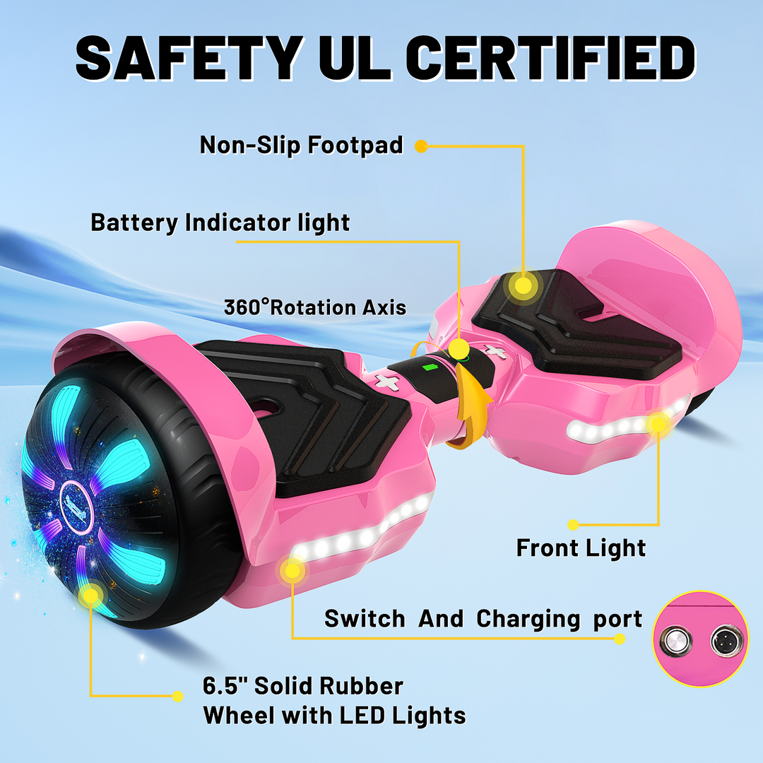 SIMATE Version LED Hoverboard 6.5'' 8.5Mph | 8 Miles Range | Pink with Bluetooth