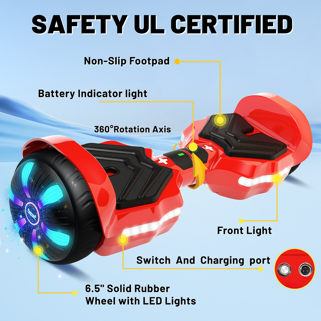SIMATE Version LED Hoverboard 6.5'' 8.5Mph | 8 Miles Range |  Red with Bluetooth