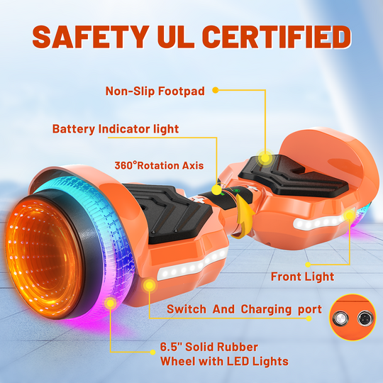 SIMATE Hurricane Tunnel LED Hoverboard 6.5'' 8.5Mph | 8 Miles Range |   Orange with Bluetooth for kids