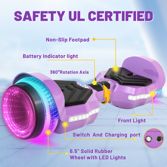 SIMATE Hurricane Tunnel LED Hoverboard 6.5'' 8.5Mph | 8 Miles Range |   purple with Bluetooth for kids