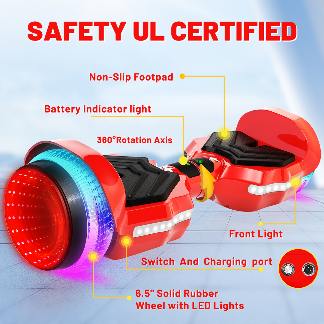 SIMATE Hurricane Tunnel LED Hoverboard 6.5'' 8.5Mph | 8 Miles Range |   Red with Bluetooth for kids