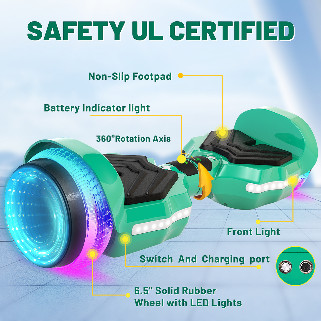 SIMATE Hurricane Tunnel LED Hoverboard 6.5'' 8.5Mph | 8 Miles Range |   Green with Bluetooth for kids