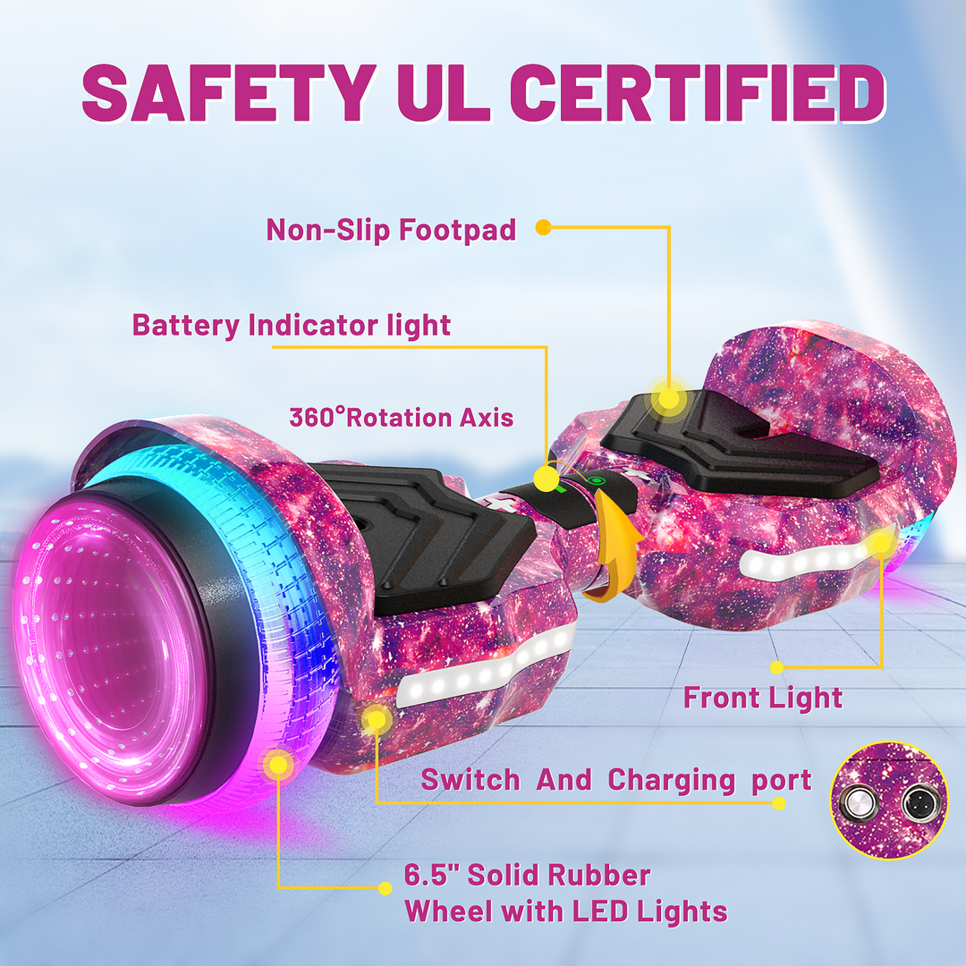 SIMATE Hurricane Tunnel LED Hoverboard 6.5'' 8.5Mph | 8 Miles Range |   Galaxy Purple with Bluetooth for kids