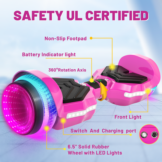 SIMATE Hurricane Tunnel LED Hoverboard 6.5'' 8.5Mph | 8 Miles Range |  Rose red with Bluetooth for kids