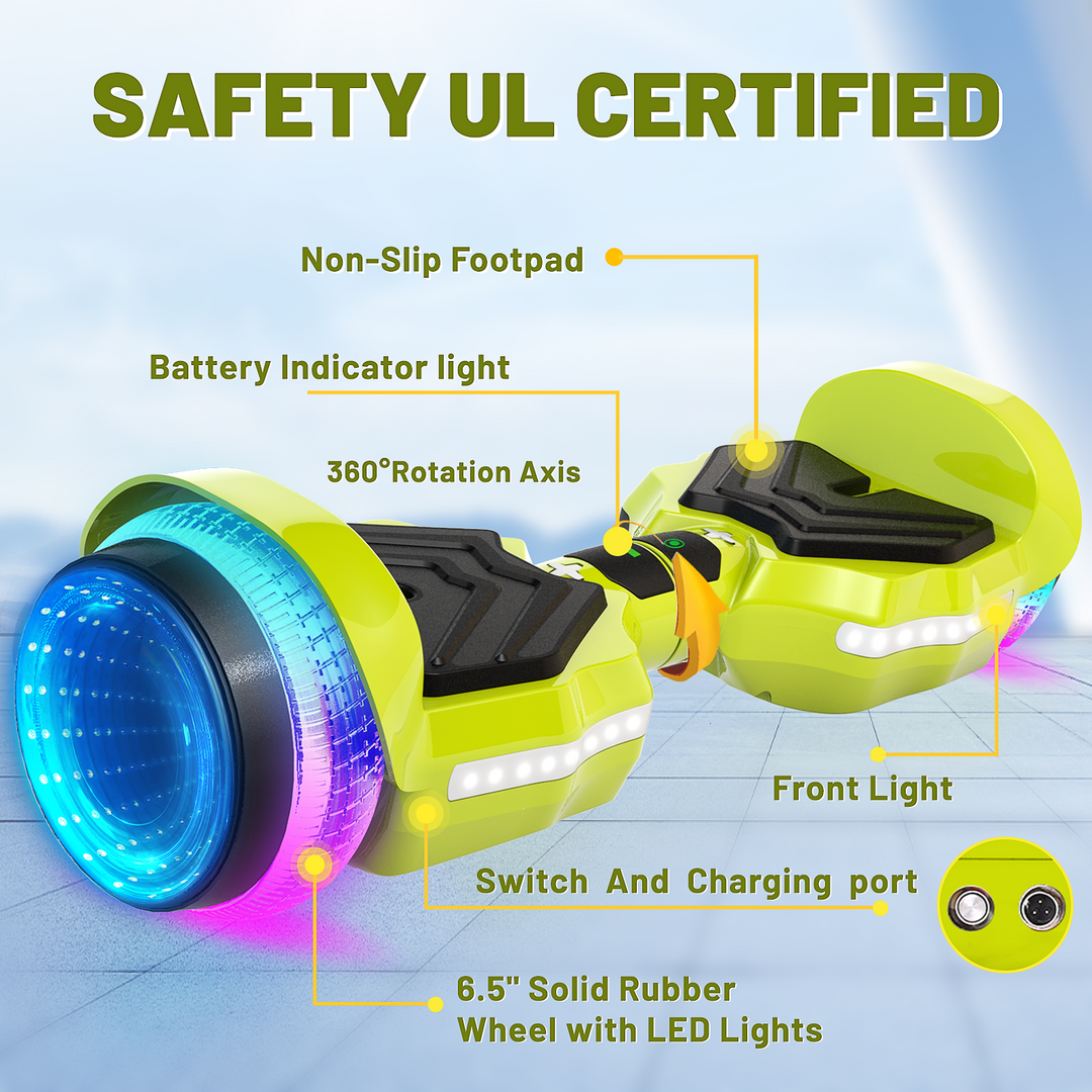 SIMATE Hurricane Tunnel LED Hoverboard 6.5'' 8.5Mph | 8 Miles Range |   Light Green with Bluetooth for kids
