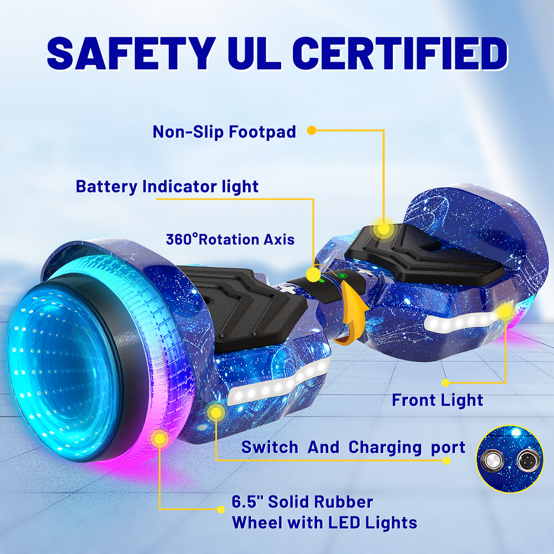 SIMATE Hurricane Tunnel LED Hoverboard 6.5'' 8.5Mph | 8 Miles Range |   Galaxy Blue with Bluetooth for kids