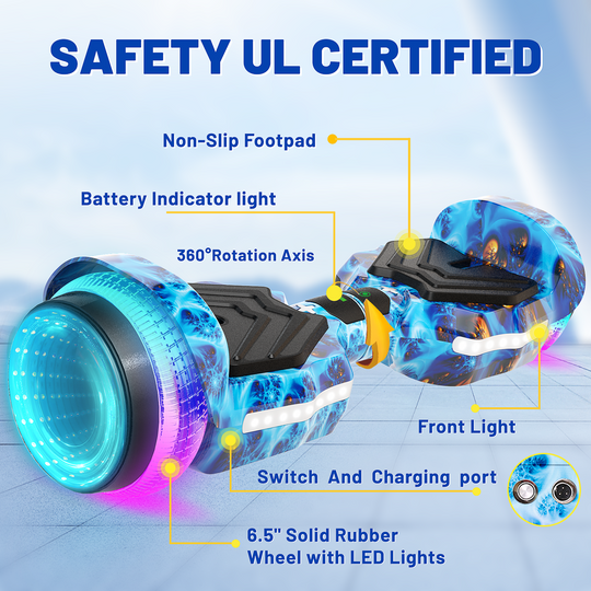 SIMATE Hurricane Tunnel LED Hoverboard 6.5'' 8.5Mph | 8 Miles Range |  Planet with Bluetooth for kids