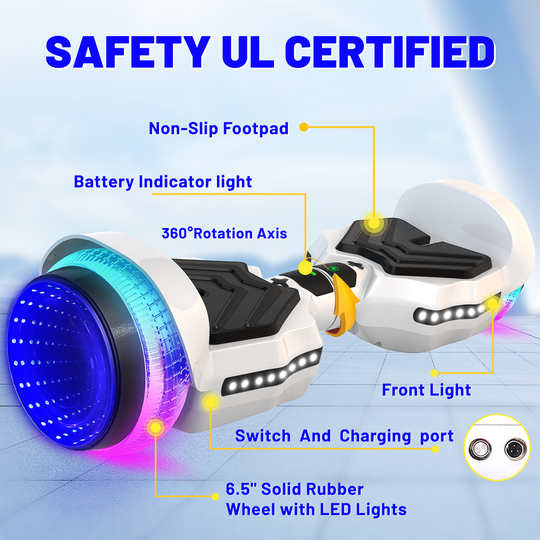 SIMATE Hurricane Tunnel LED Hoverboard 6.5'' 8.5Mph | 8 Miles Range |   white with Bluetooth for kids