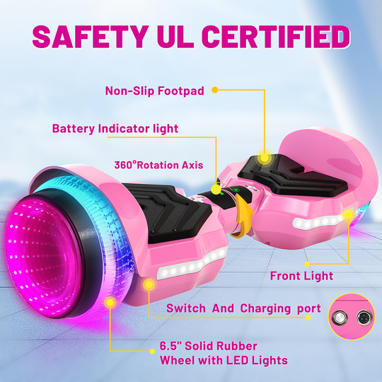 SIMATE Hurricane Tunnel LED Hoverboard 6.5'' 8.5Mph | 8 Miles Range |   pink with Bluetooth for kids