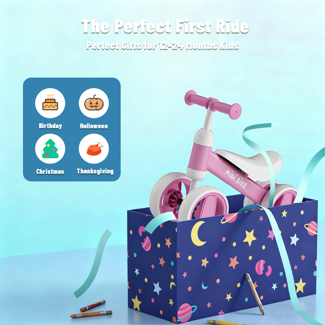 SIMATE Balance Bike Toys for 1 Year Old Boys Girls, 12-24 Month Toddler Ride on Toys, 4 Silent Wheels & Soft Seat, First Birthday Gifts for Baby Girls Boys